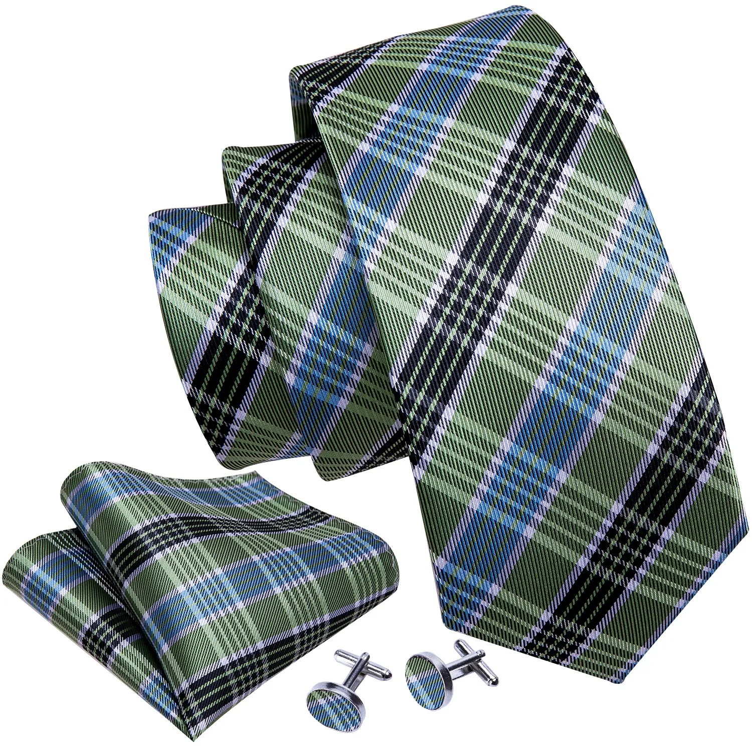 Green Black Plaid Men's Tie Pocket Square Cufflinks Set sold by Ties2You product image thumbnail 4