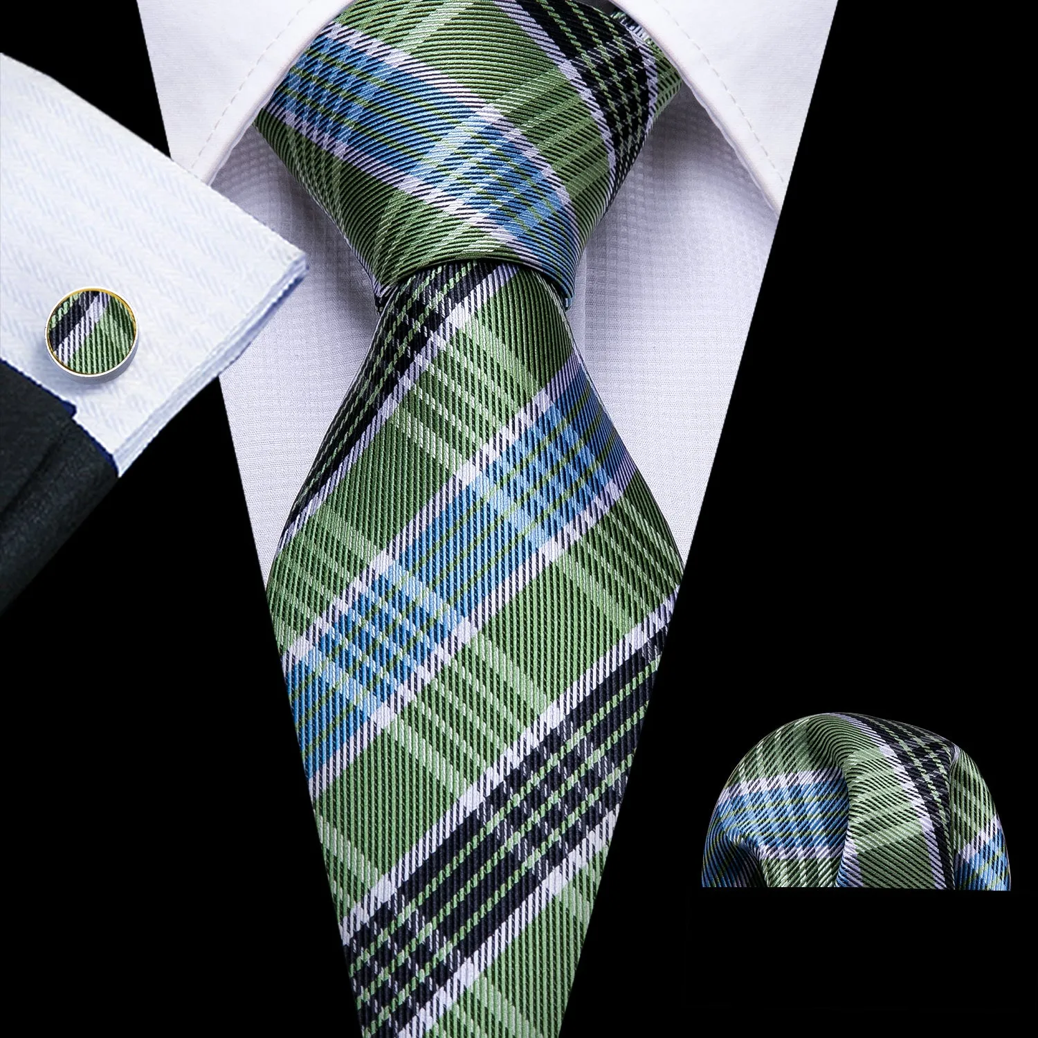 Green Black Plaid Men's Tie Pocket Square Cufflinks Set sold by Ties2You