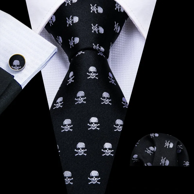 Ties2you Silk Tie Black Novelty Skull Men's Tie Hanky Cufflinks Set sold by Ties2You
