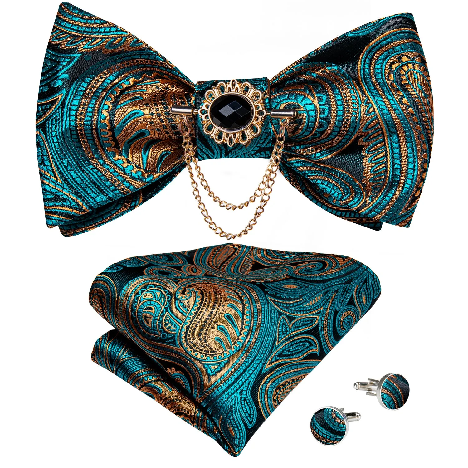 Green Golden Paisley Self-tied Silk Bow Tie Pocket Square Cufflinks Set with Lapel Pin sold by Ties2You product image thumbnail 3
