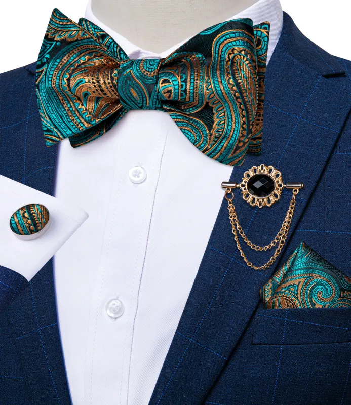 Green Golden Paisley Self-tied Silk Bow Tie Pocket Square Cufflinks Set with Lapel Pin sold by Ties2You