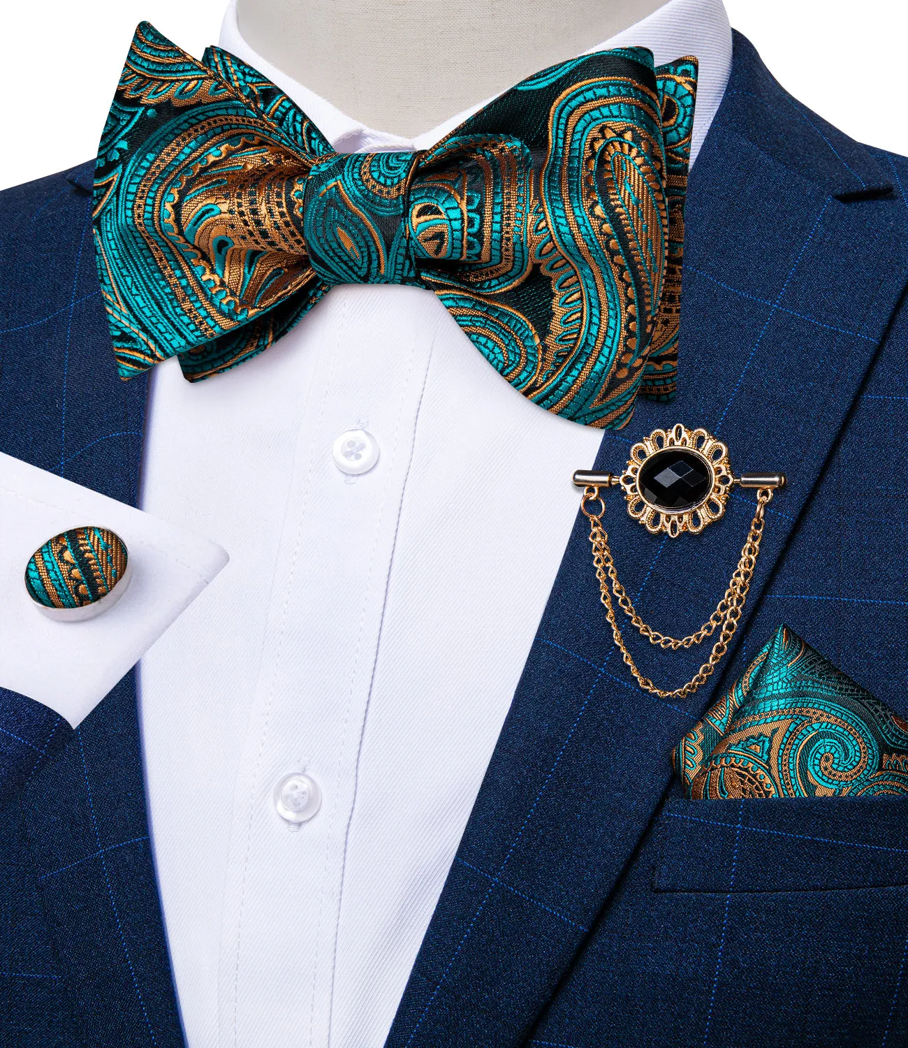 Green Golden Paisley Self-tied Silk Bow Tie Pocket Square Cufflinks Set with Lapel Pin sold by Ties2You