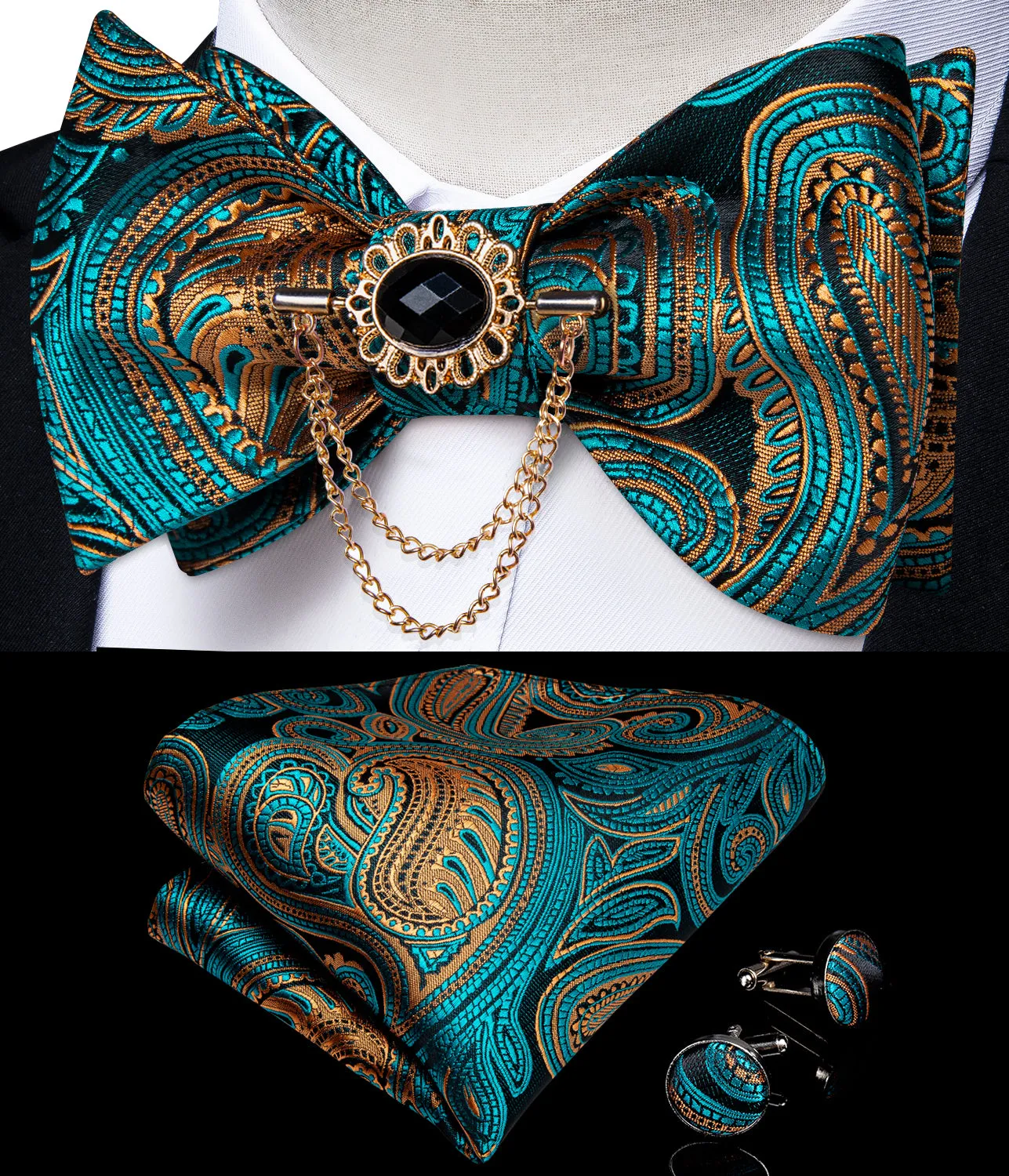Green Golden Paisley Self-tied Silk Bow Tie Pocket Square Cufflinks Set with Lapel Pin sold by Ties2You product image thumbnail 2