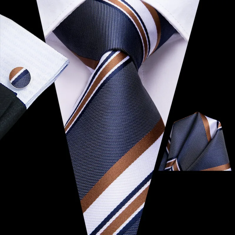 Blue Brown Striped Necktie Pocket Square Cufflinks Set sold by Ties2You