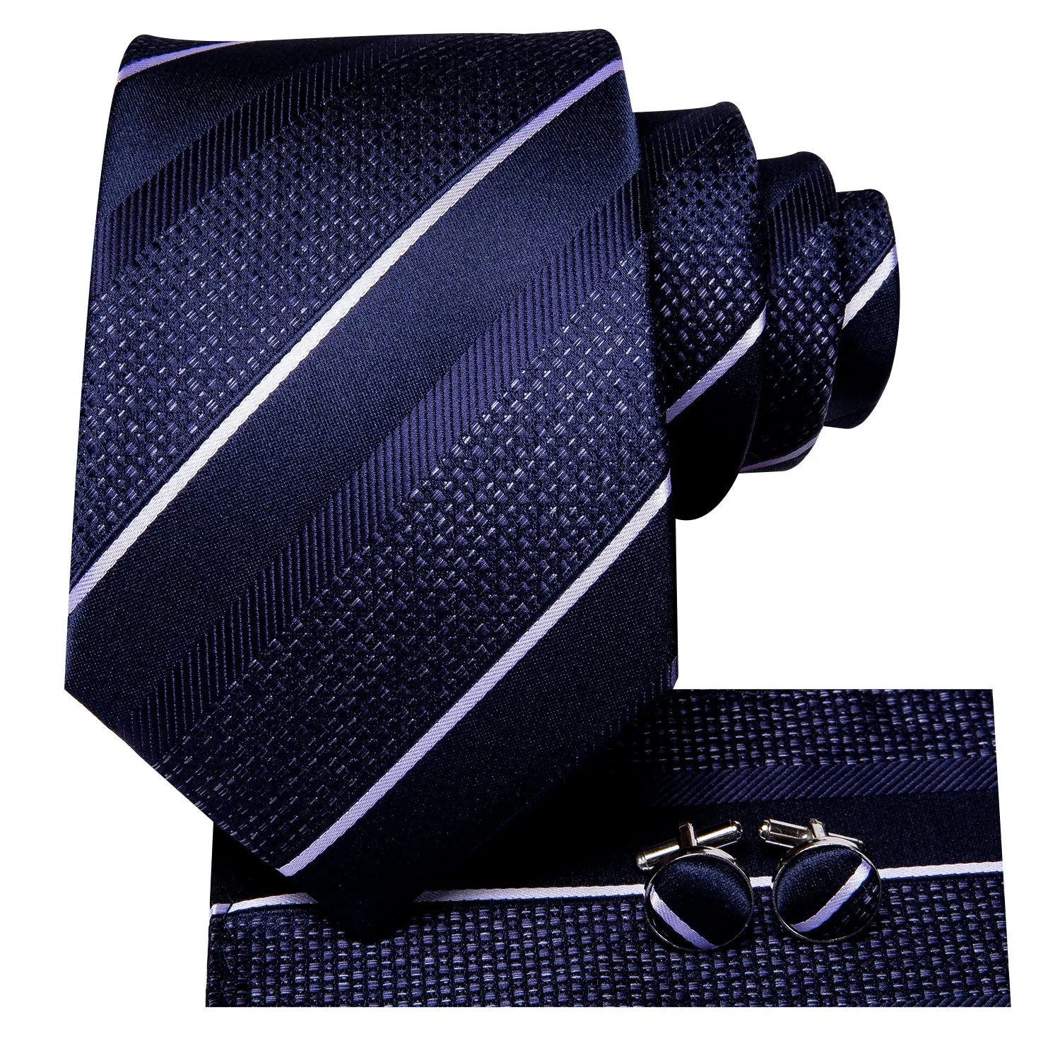 Deep Blue White Striped Necktie Pocket Square Cufflinks Set sold by Ties2You product image thumbnail 2
