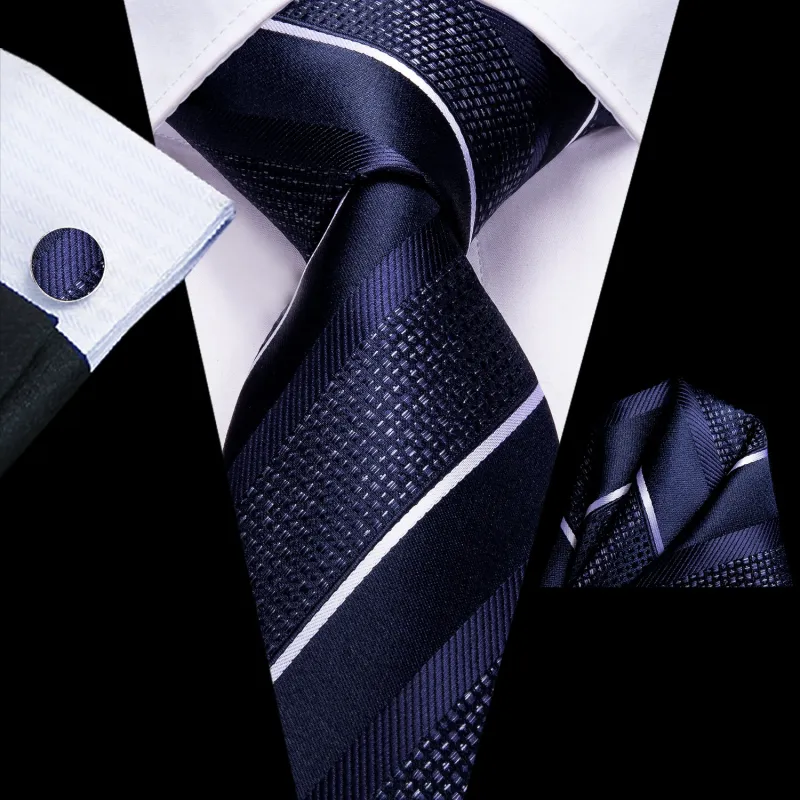 Deep Blue White Striped Necktie Pocket Square Cufflinks Set sold by Ties2You