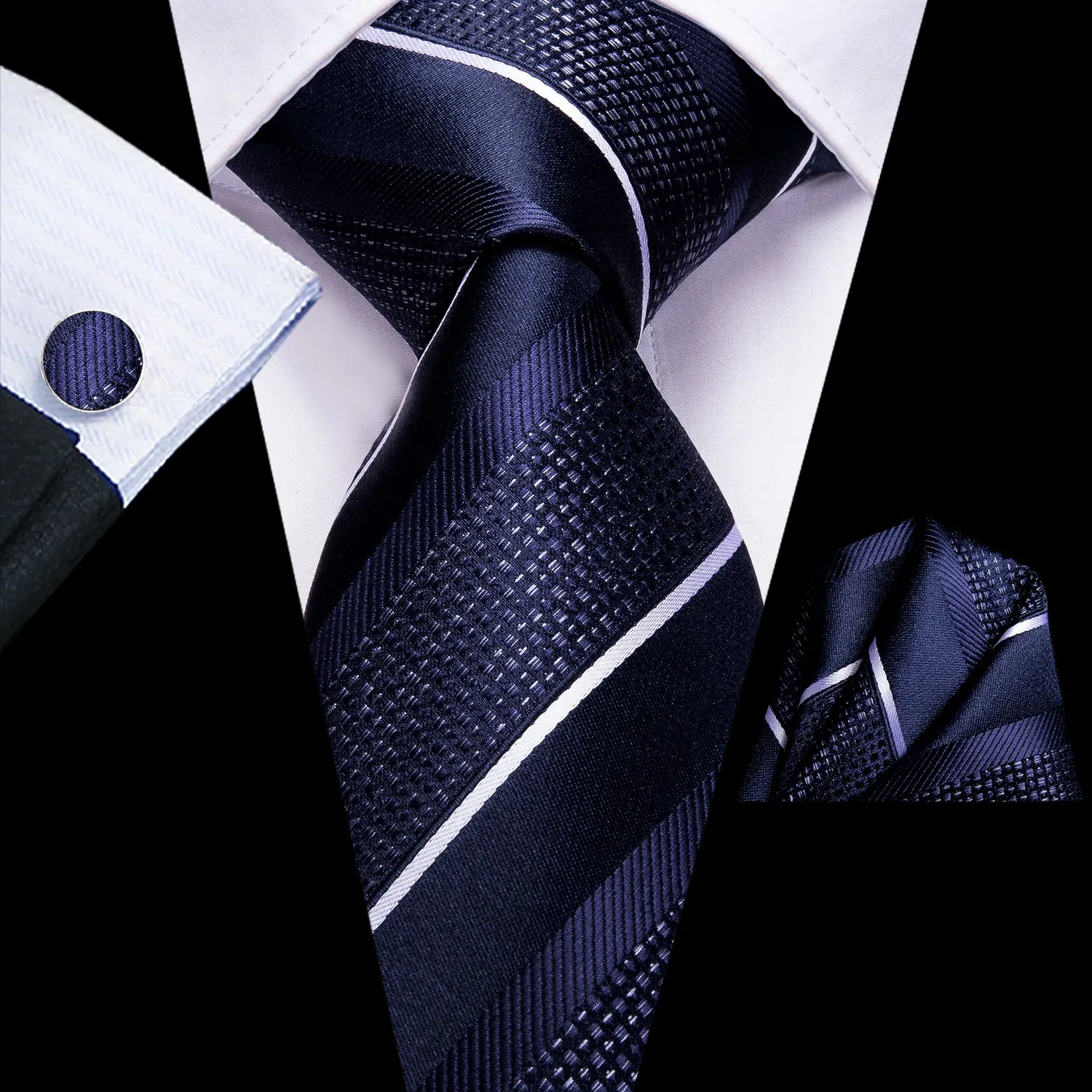Deep Blue White Striped Necktie Pocket Square Cufflinks Set sold by Ties2You