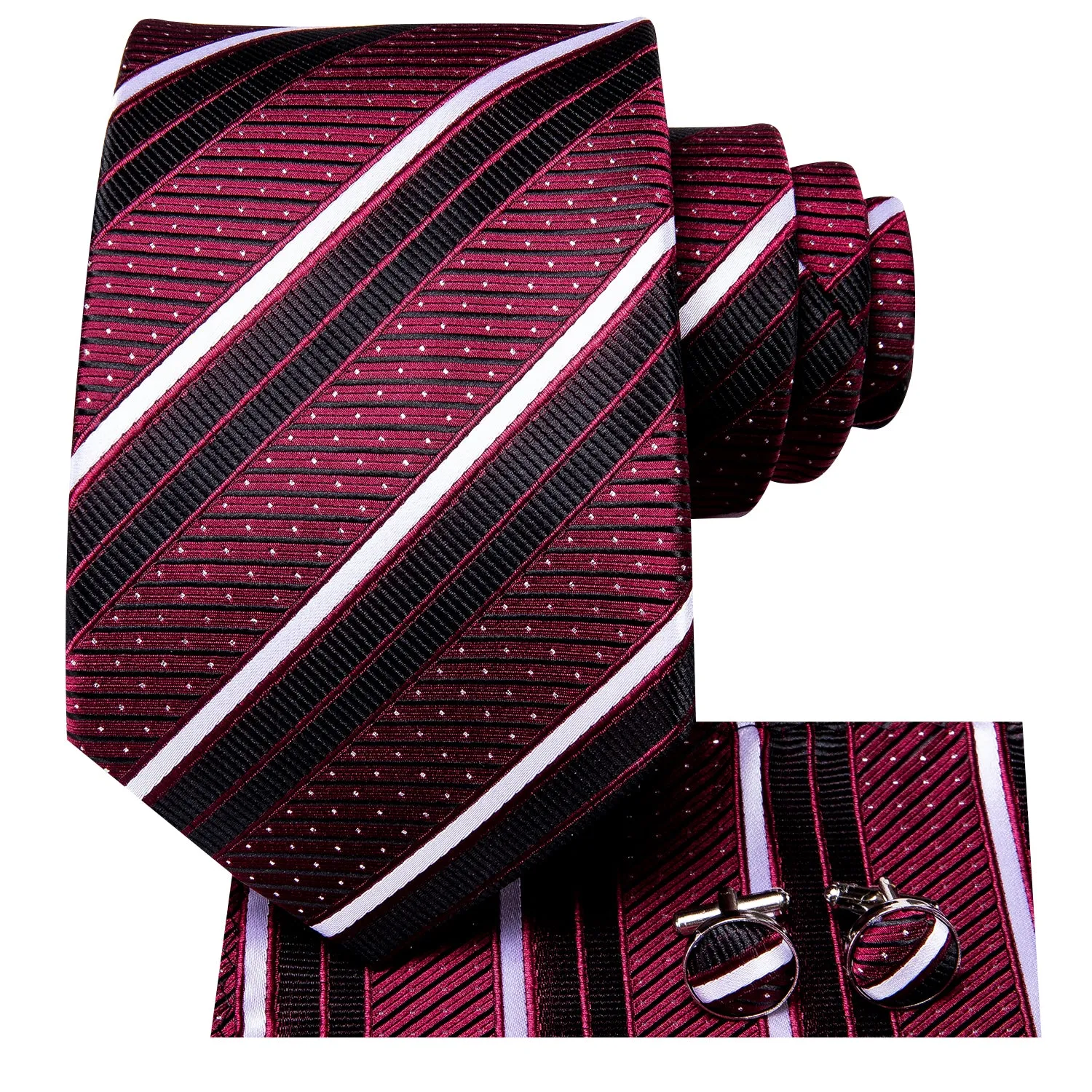 Black Red White Striped Necktie Pocket Square Cufflinks Set sold by Ties2You product image thumbnail 2