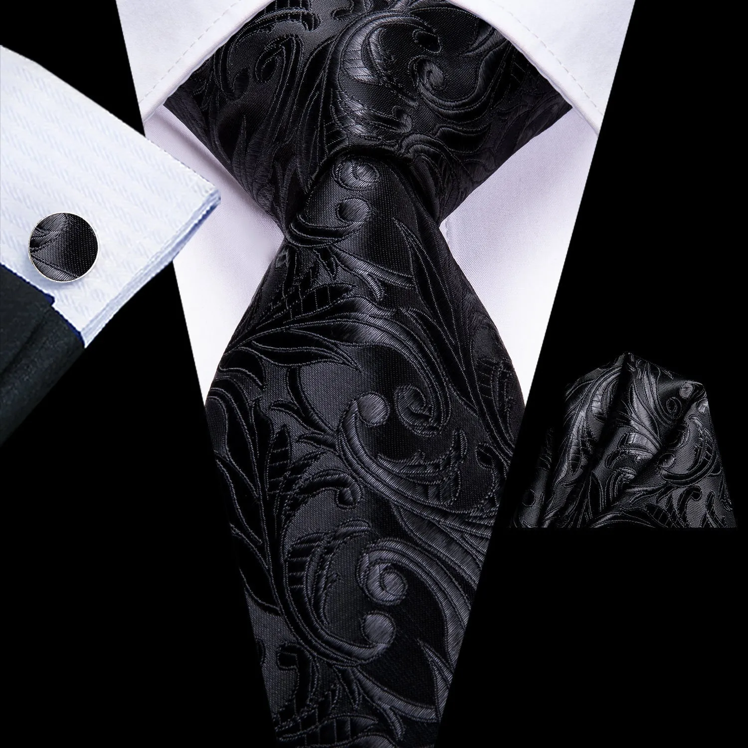 Black Floral Necktie Pocket Square Cufflinks Set sold by Ties2You product image thumbnail 5