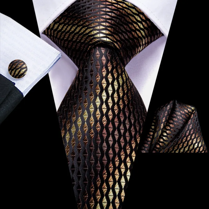 Yellow Brown Striped Necktie Pocket Square Cufflinks Set sold by Ties2You
