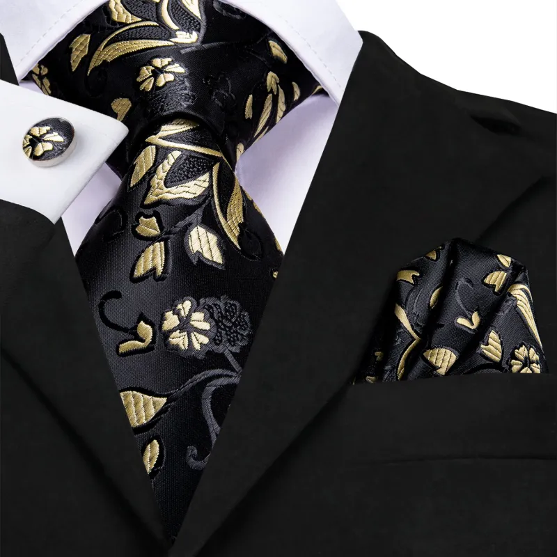 Black Yellow Floral Necktie Pocket Square Cufflinks Set sold by Ties2You