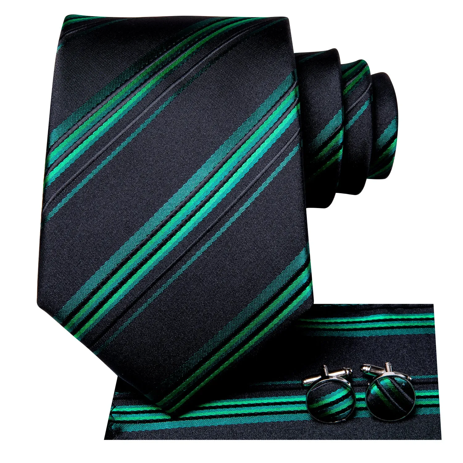 Black Green Striped Necktie Pocket Square Cufflinks Set sold by Ties2You product image thumbnail 2