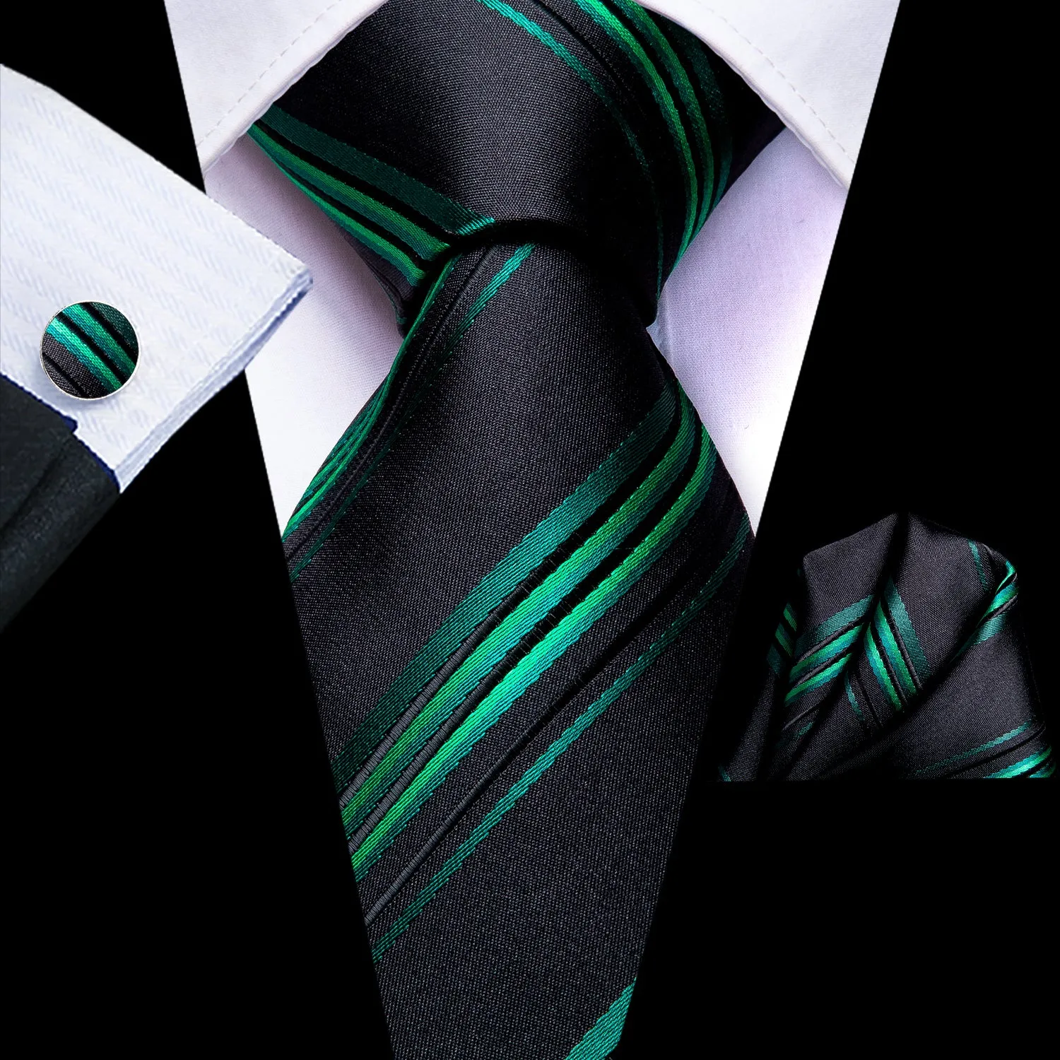 Black Green Striped Necktie Pocket Square Cufflinks Set sold by Ties2You