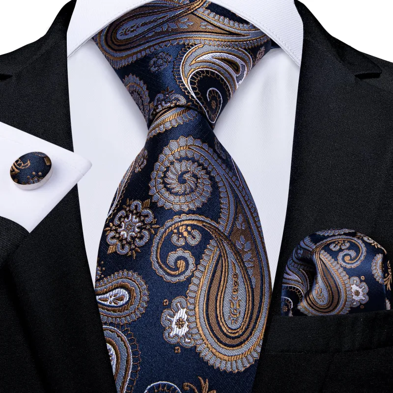 Dark Blue Brown Paisley Necktie Pocket Square Cufflinks Set sold by Ties2You