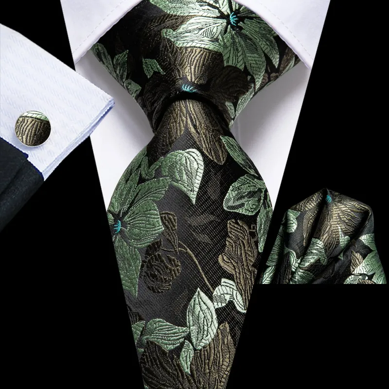 Ties2you Extra Long Tie 70 Inch Sage Green Floral Necktie Pocket Square Cufflinks Set sold by Ties2You