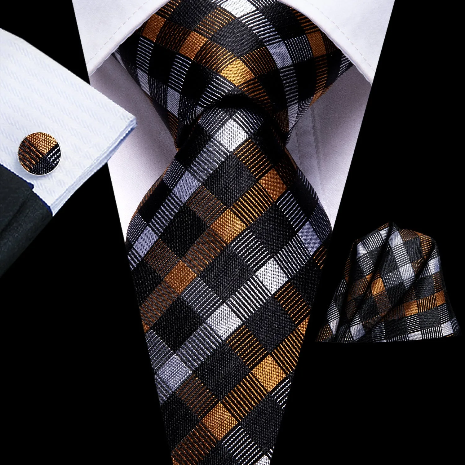 Black Golden White Plaid Necktie Pocket Square Cufflinks Set sold by Ties2You