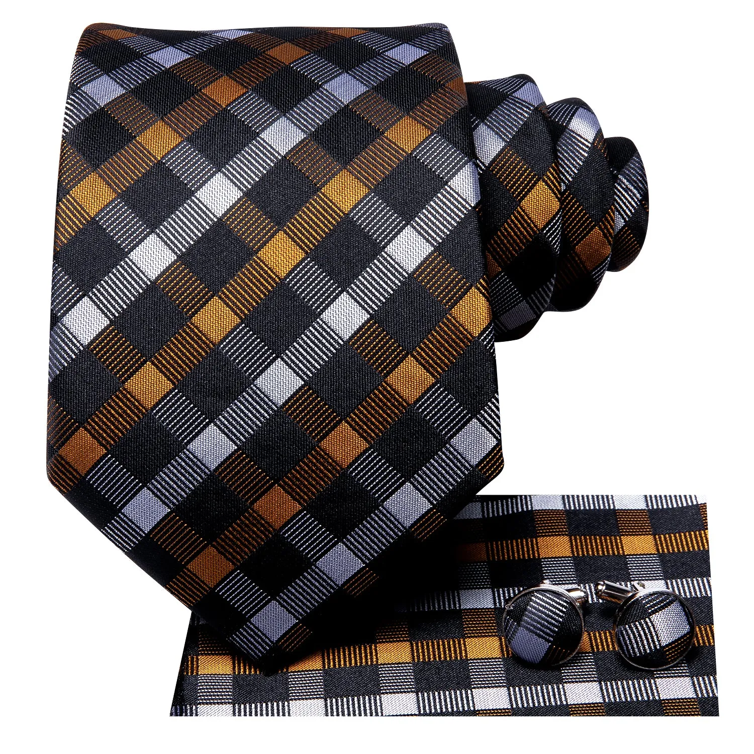 Black Golden White Plaid Necktie Pocket Square Cufflinks Set sold by Ties2You product image thumbnail 2
