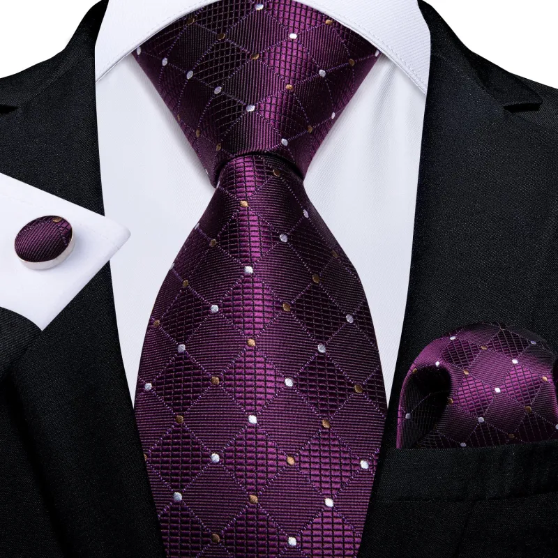 Ties2you Purple Tie Plum Plaid Polka Dot Necktie Hanky Cufflinks Set sold by Ties2You