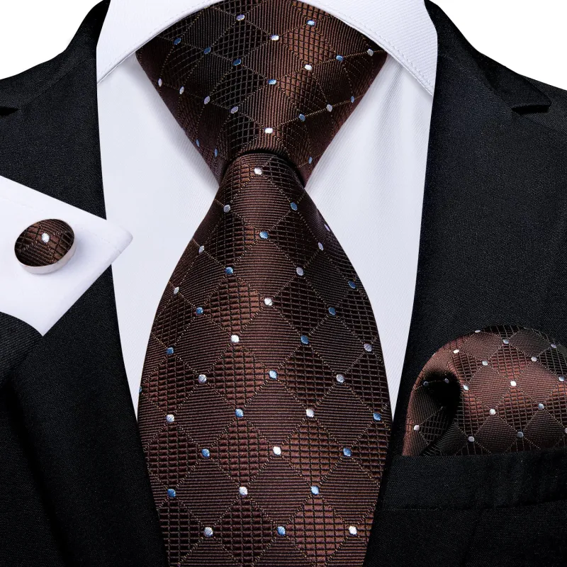 Brown Plaid Polka Dot Necktie Pocket Square Cufflinks Set sold by Ties2You