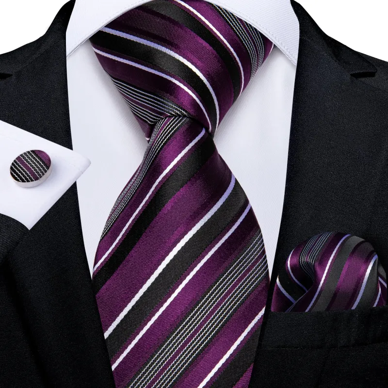 Purple White Black Striped Necktie Pocket Square Cufflinks Set sold by Ties2You