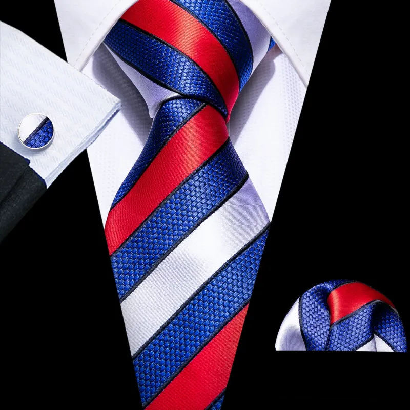 Red Blue White Striped Necktie Pocket Square Cufflinks Set sold by Ties2You