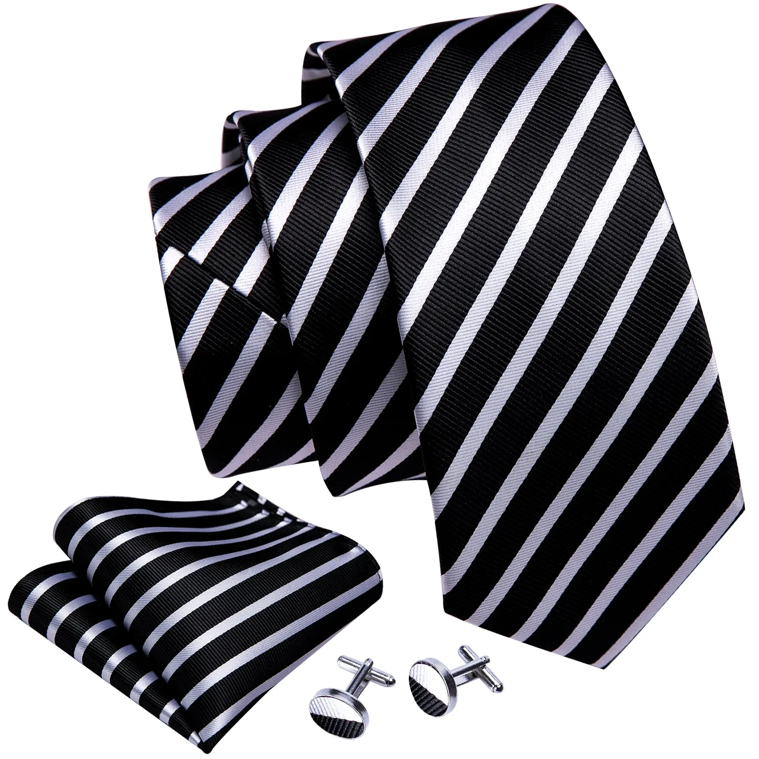 Black White Striped Necktie Pocket Square Cufflinks Set sold by Ties2You product image thumbnail 4