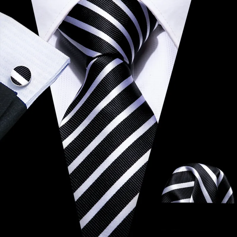 Black White Striped Necktie Pocket Square Cufflinks Set sold by Ties2You