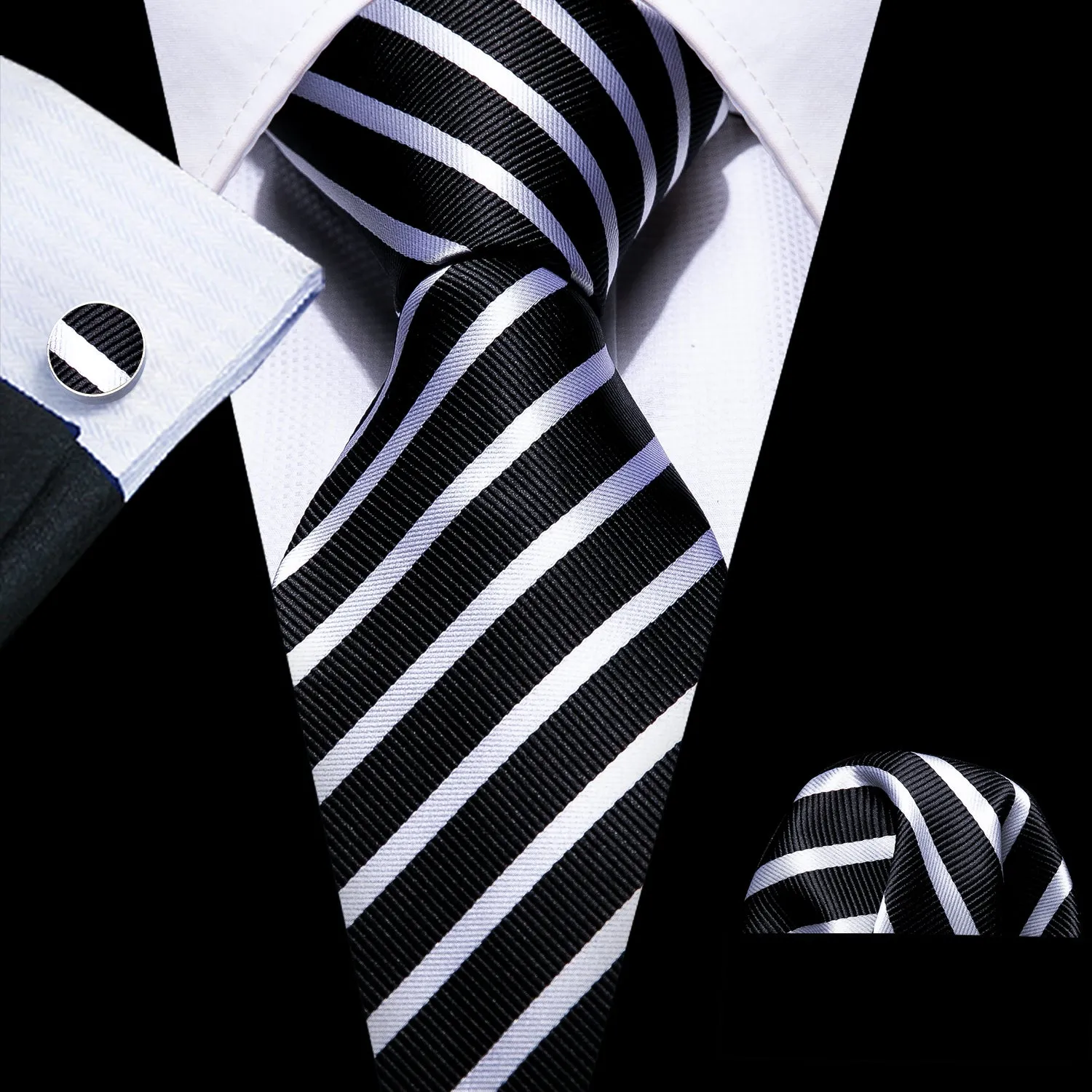 Black White Striped Necktie Pocket Square Cufflinks Set sold by Ties2You