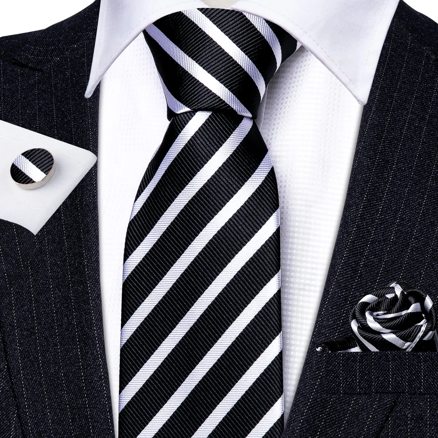 Black White Striped Necktie Pocket Square Cufflinks Set sold by Ties2You product image thumbnail 2