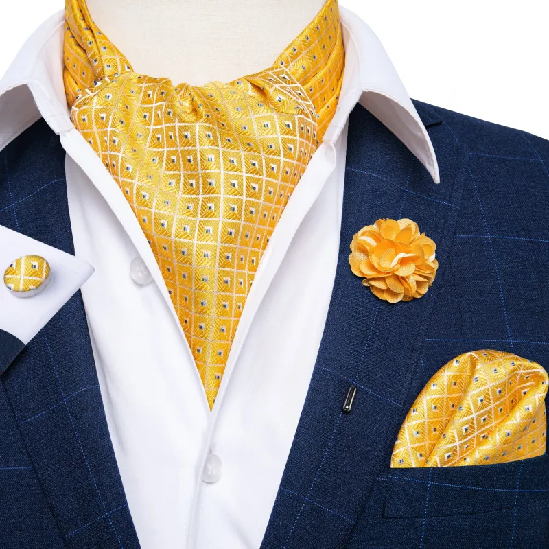 Yellow Plaid Silk Ascot Cravat Pocket Square Cufflinks Set With Lapel Pin sold by Ties2You