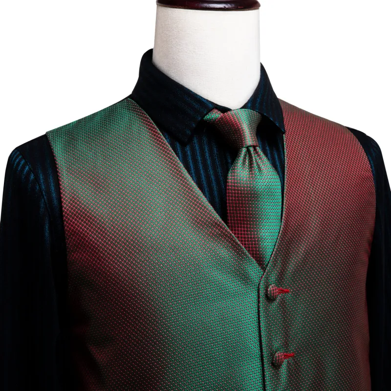 Simple Green Red Plaid Men's Vest Tie Hanky Cufflinks Set Waistcoat Suit Set sold by Ties2You