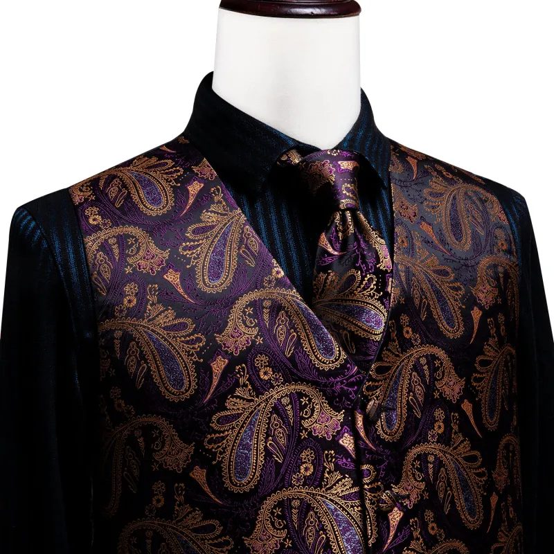 Luxury Purple Brown Paisley Men's Vest Tie Hanky Cufflinks Set Waistcoat Suit Set sold by Ties2You