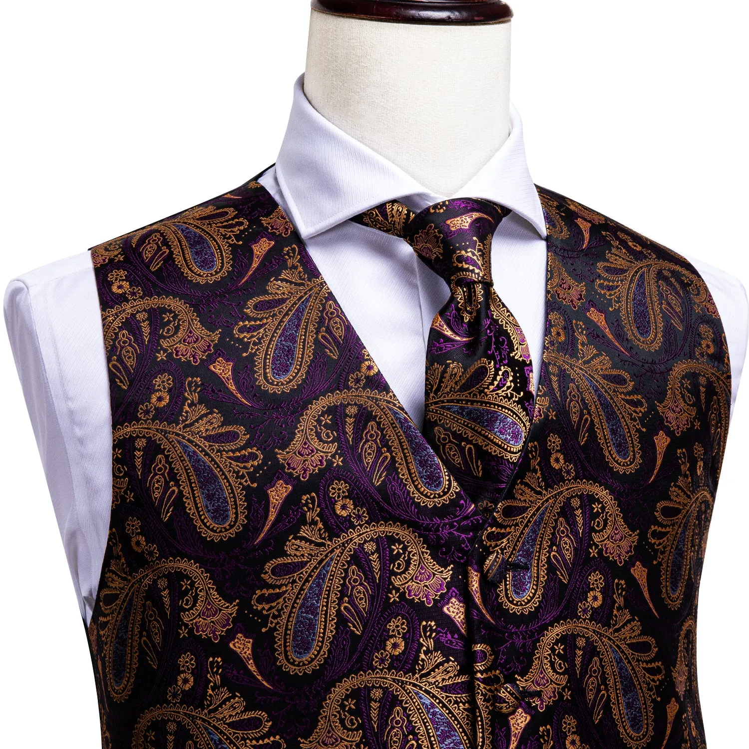 Luxury Purple Brown Paisley Men's Vest Tie Hanky Cufflinks Set Waistcoat Suit Set sold by Ties2You product image thumbnail 5