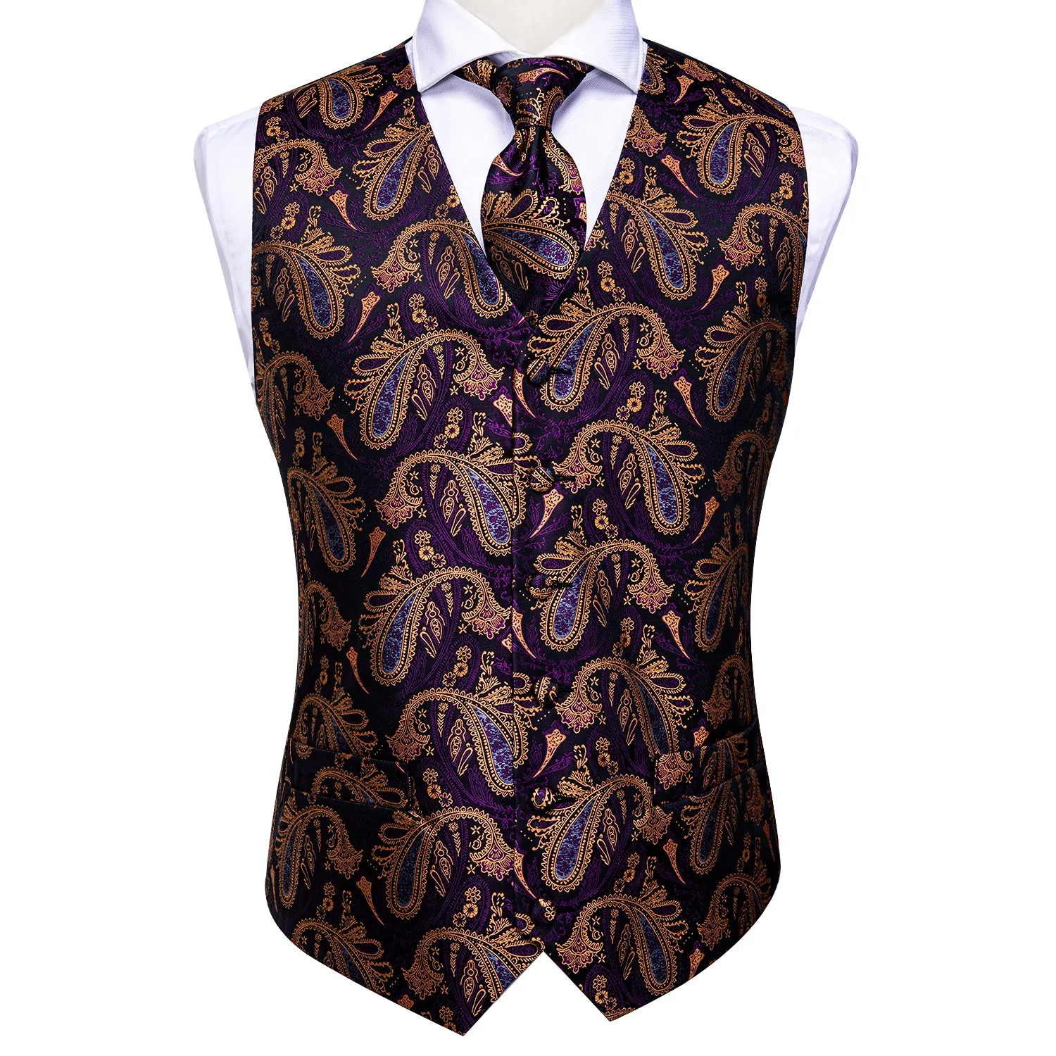 Luxury Purple Brown Paisley Men's Vest Tie Hanky Cufflinks Set Waistcoat Suit Set sold by Ties2You product image thumbnail 4