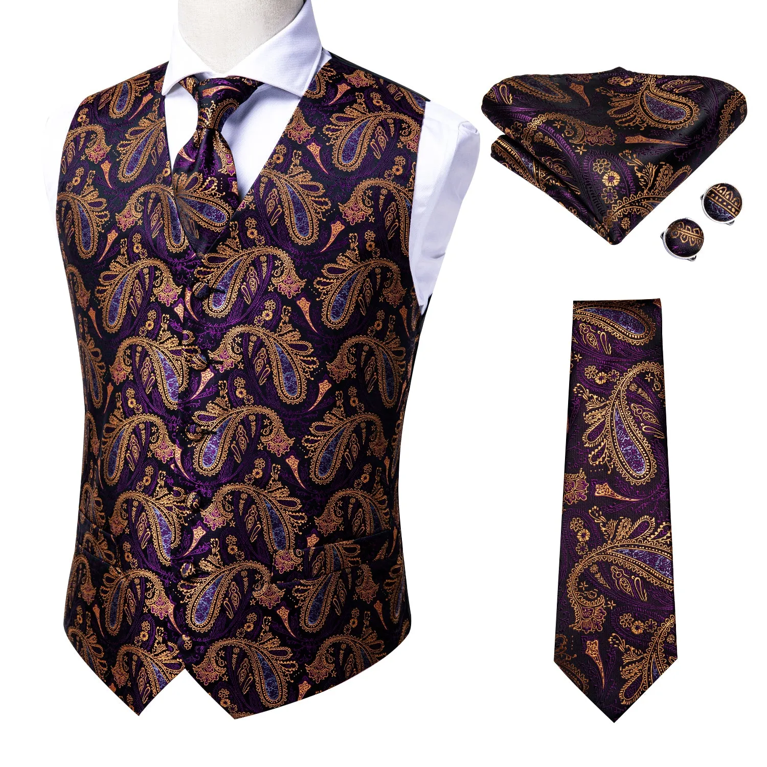 Luxury Purple Brown Paisley Men's Vest Tie Hanky Cufflinks Set Waistcoat Suit Set sold by Ties2You product image thumbnail 3