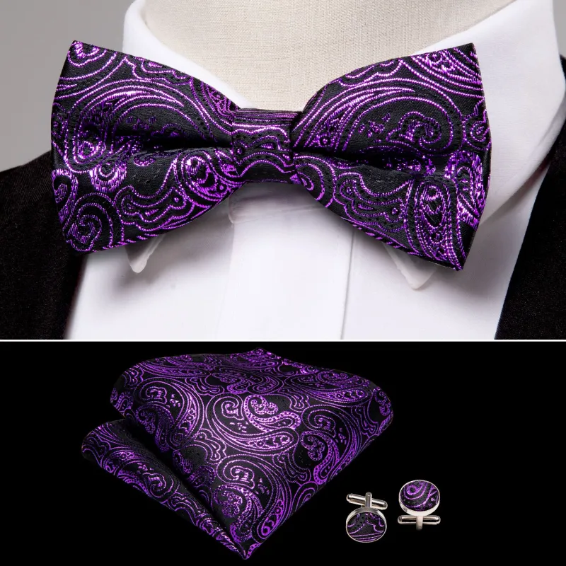 Purple Black Paisley Men's Pre-tied Bowtie Pocket Square Cufflinks Set sold by Ties2You