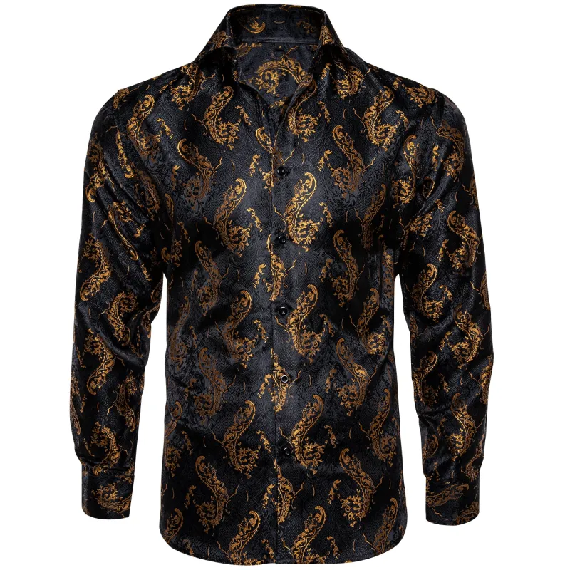 Ties2you Black Dress Shirt Mens Gold Paisley Silk Casual Long Sleeve Button Down Shirt sold by Ties 2 You
