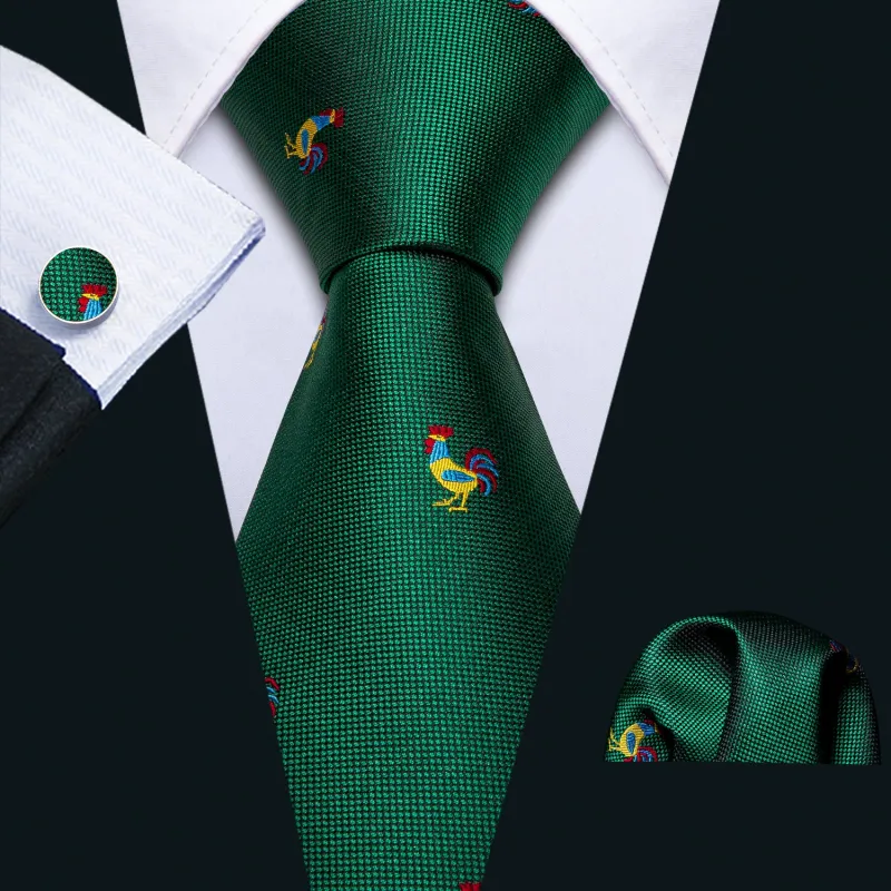 Dark Green Cock Pattern Novelty Men's Tie Handkerchief Cufflinks Set sold by Ties2You