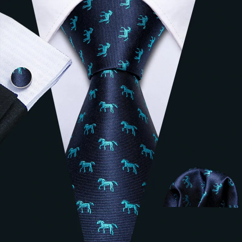 Deep Blue Horse Pattern Novelty Men's Tie Handkerchief Cufflinks Set sold by Ties2You