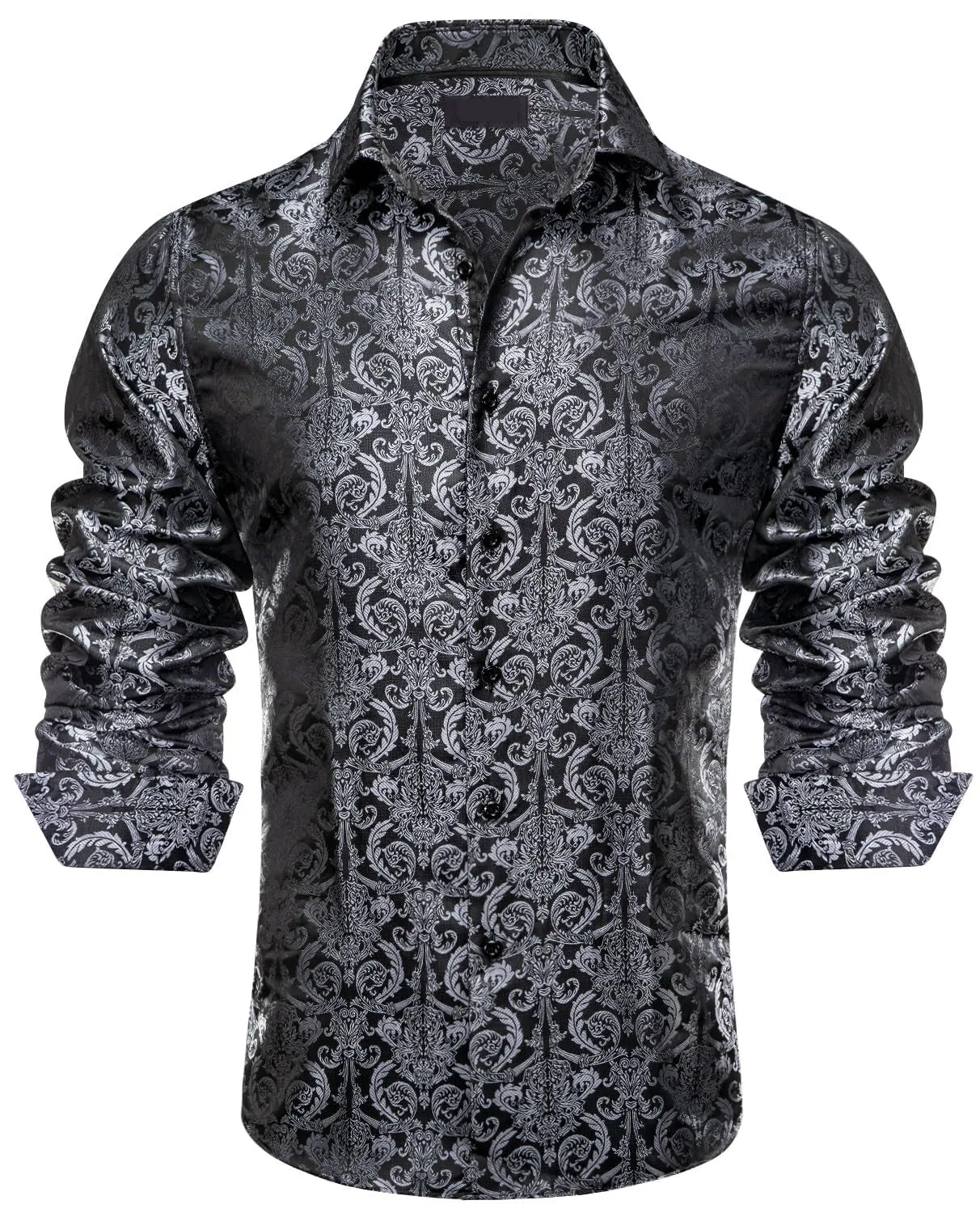 Ties2you Button Down Shirt Luxury Black Floral Silk Men's Long Sleeve Shirt sold by Ties2You product image thumbnail 4