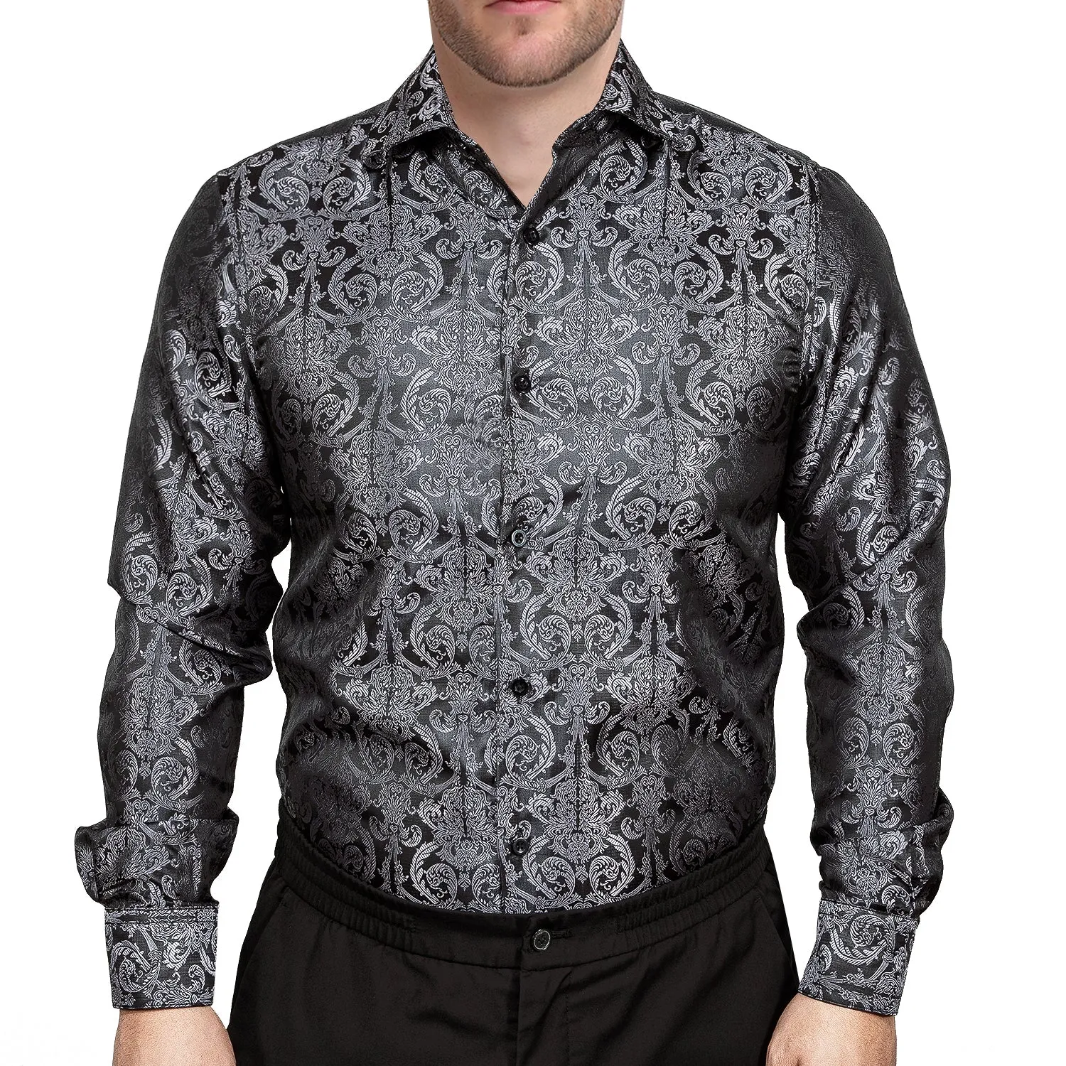 Ties2you Button Down Shirt Luxury Black Floral Silk Men's Long Sleeve Shirt sold by Ties2You product image thumbnail 2