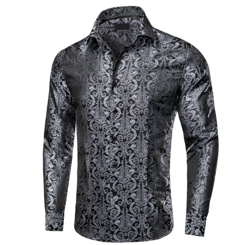 Ties2you Button Down Shirt Luxury Black Floral Silk Men's Long Sleeve Shirt sold by Ties 2 You