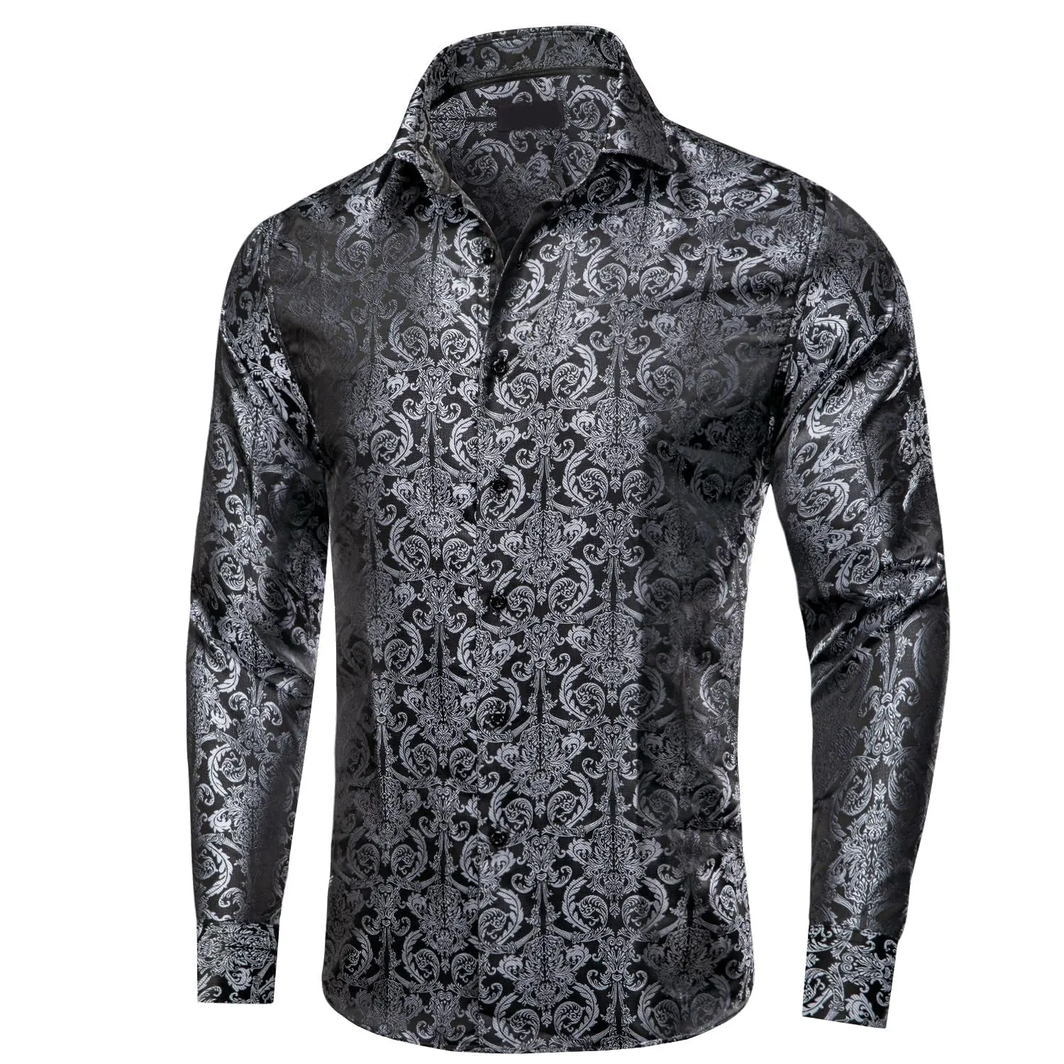 Ties2you Button Down Shirt Luxury Black Floral Silk Men's Long Sleeve Shirt sold by Ties2You