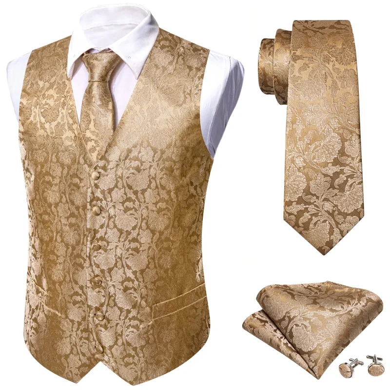Ties2you Floral Vest for Men Tan Champagne Vest Tie Hanky Cufflinks Set Waistcoat Suit Set sold by Ties2You