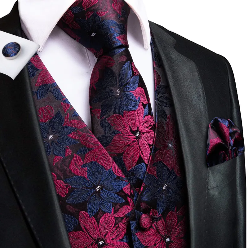 Ties2you Men's Suit Vest Burgundy Blue Floral Vest Tie Hanky Cufflinks Set Waistcoat Suit Set sold by Ties2You