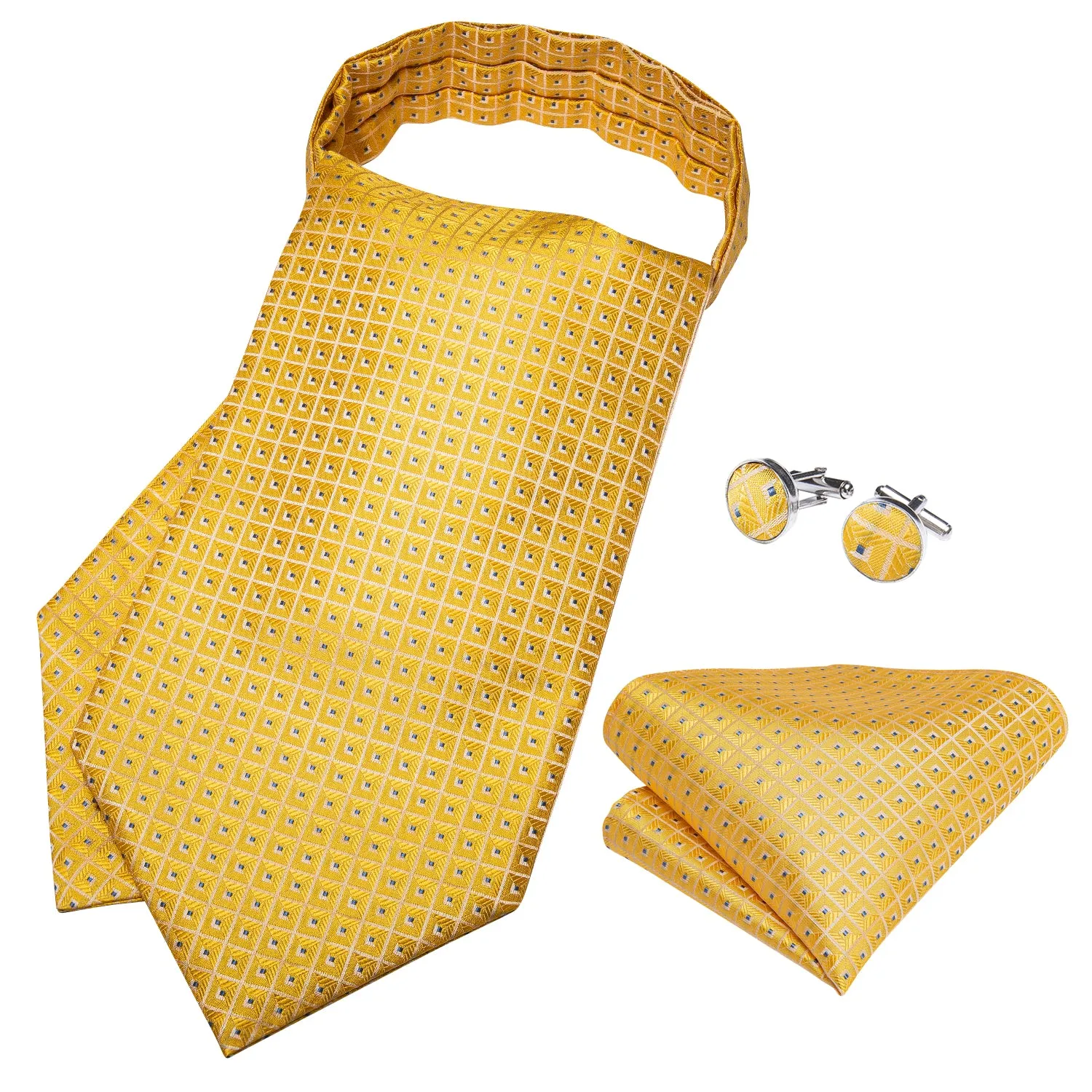 Ties2you Yellow Ascot Tie Plaid Silk Ascot Cravat Pocket Square Cufflinks Set sold by Ties2You product image thumbnail 4