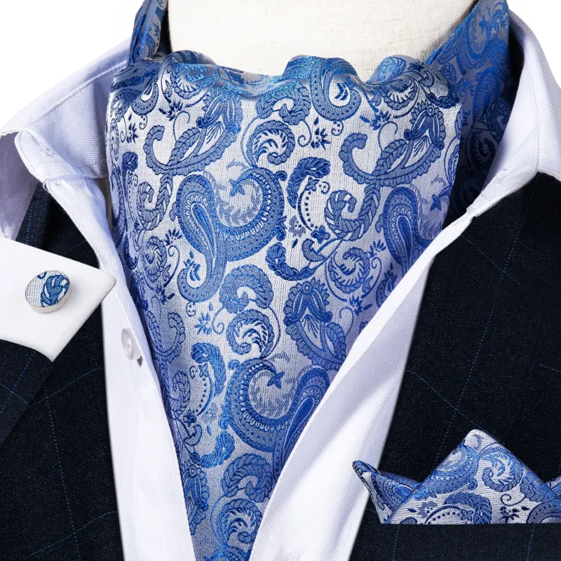 Sky Blue Paisley Silk Ascot Cravat Pocket Square Cufflinks Set sold by Ties2You