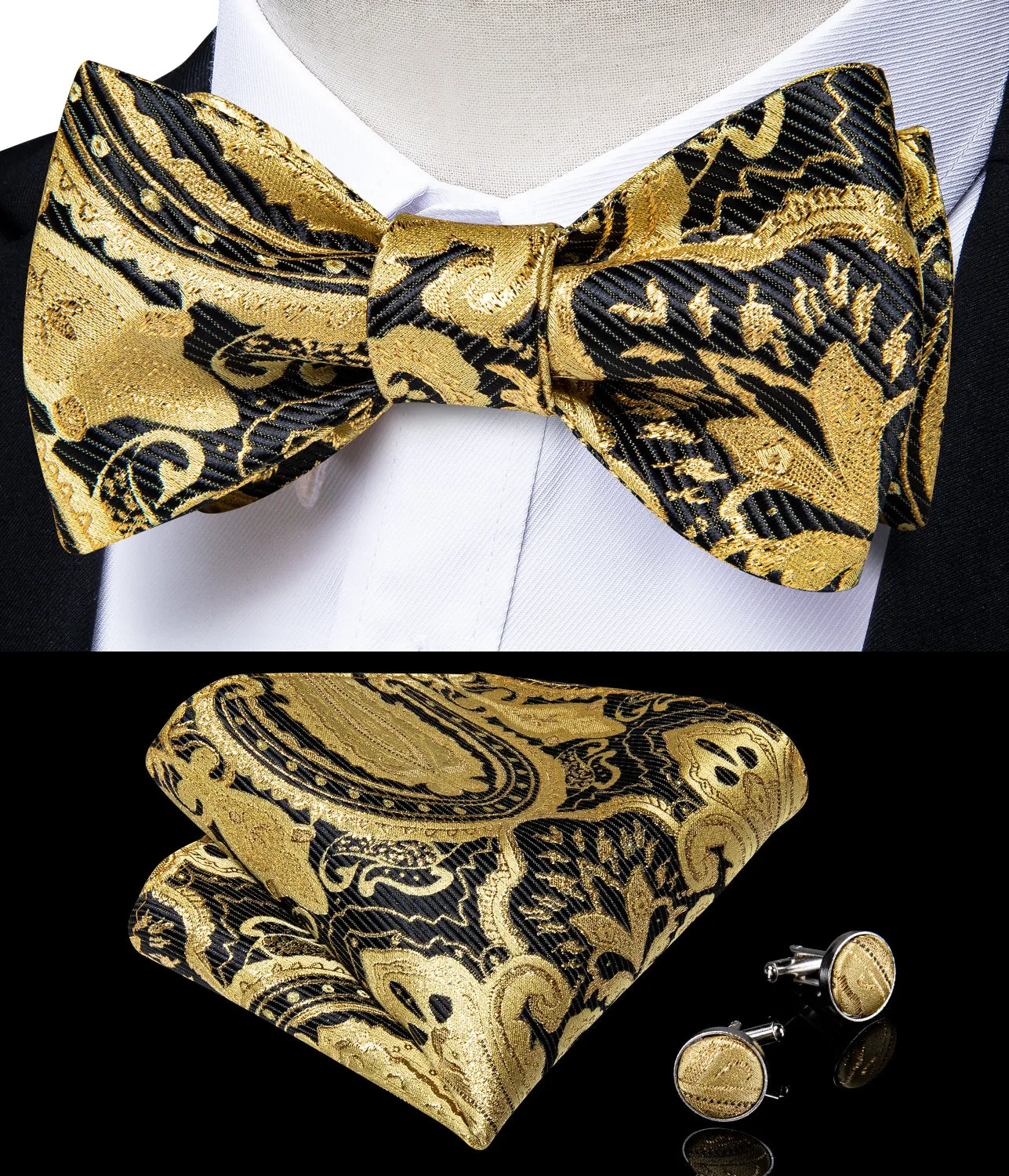 Ties2you Men's Bow Tie Golden Black Paisley Self-Tied Silk Bow Tie Pocket Square Cufflinks Set With Lapel Pin sold by Ties2You product image thumbnail 2