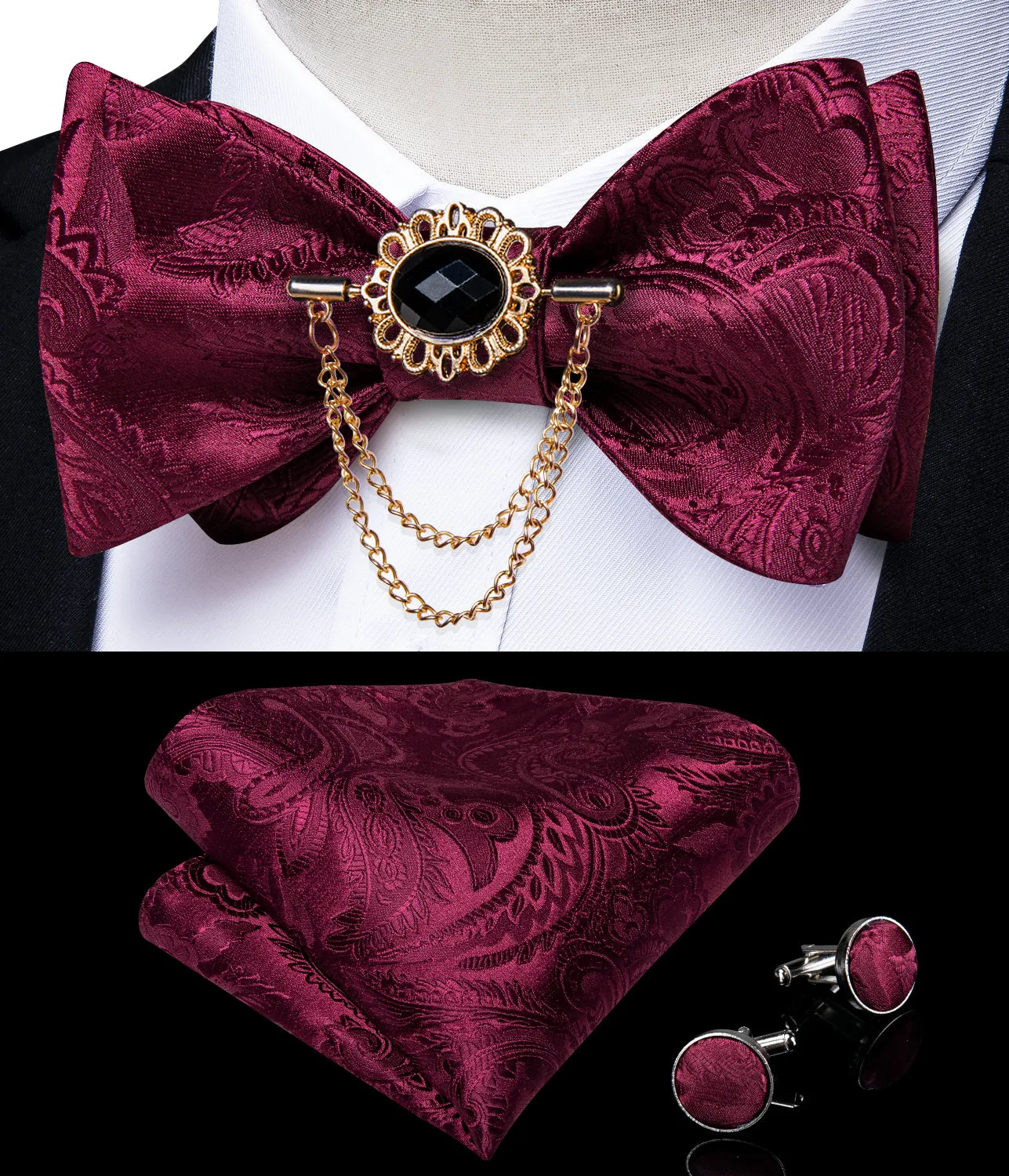 Ties2you Wedding Bowtie Burgundy Wine Red Paisley Self-Tied Silk Bow Tie Pocket Square Cufflinks Set With Lapel Pin sold by Ties2You