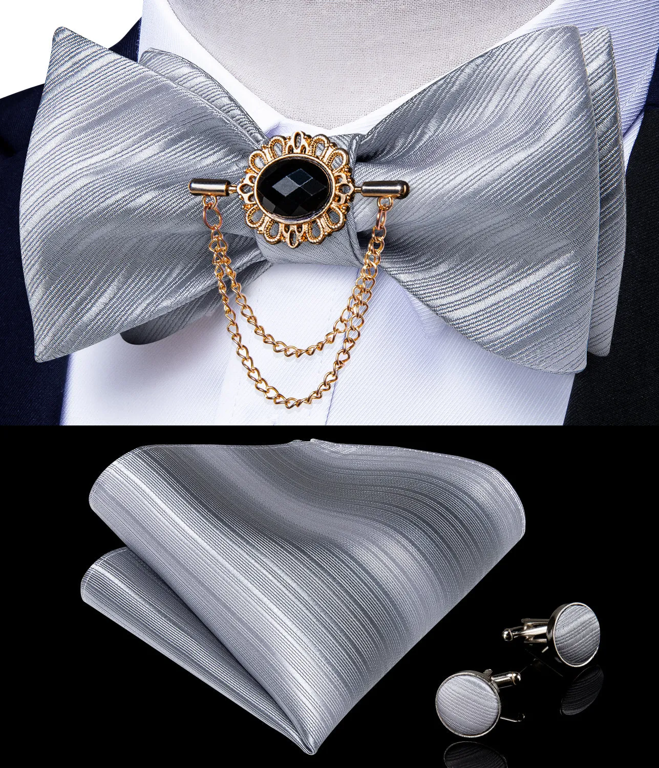 Silver Grey Striped Self-tied Silk Bow Tie Pocket Square Cufflinks Set with Lapel Pin sold by Ties2You